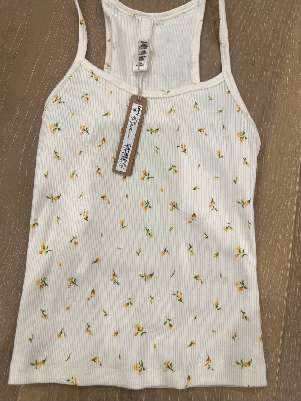 SKIMS Cream Ribbed Tank with Yellow Floral Accent